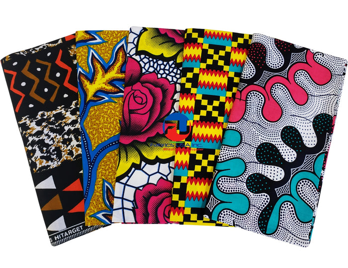 A collection of five assorted African print fabrics, featuring various patterns and colors.