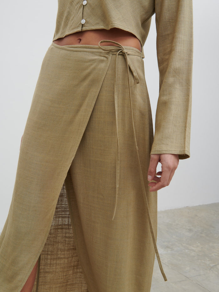 Lygia Is 5'9" & Wears Size UK 8|Abigail Wrap Linen Midaxi Skirt - Olive
