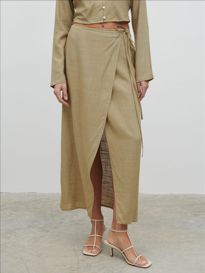 Lygia Is 5'9" & Wears Size UK 8|Abigail Wrap Linen Midaxi Skirt - Olive
