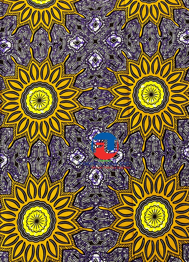 A piece of african fabric with a wax print pattern featuring sunflowers and geometric designs, predominantly in purple and golden brown colors.