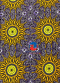 A piece of african fabric with a wax print pattern featuring sunflowers and geometric designs, predominantly in purple and golden brown colors.