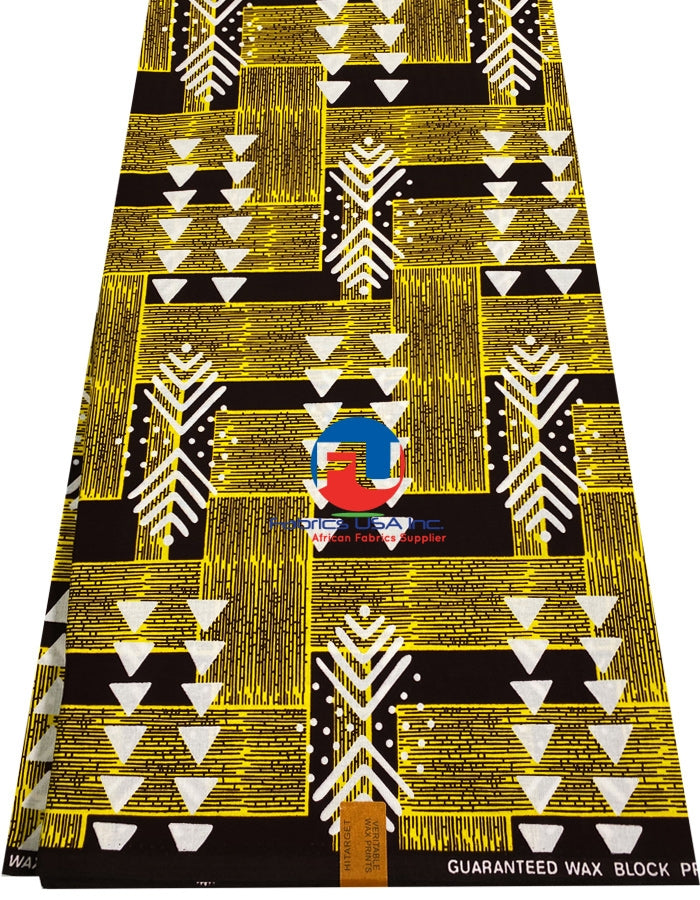 African Ankara Print Fabric - Golden Brown, Yellow, Burgundy, White