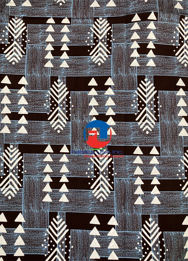 African Ankara Print Fabric - White, Bungundy, Smoky Blue