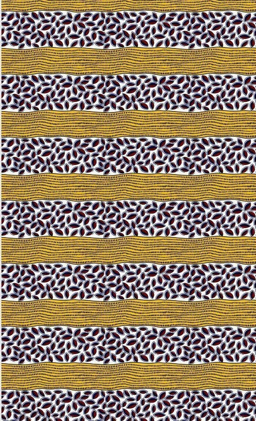 A patterned African fabric featuring stripes and geometric designs in red, golden-yellow, black, and white colors.