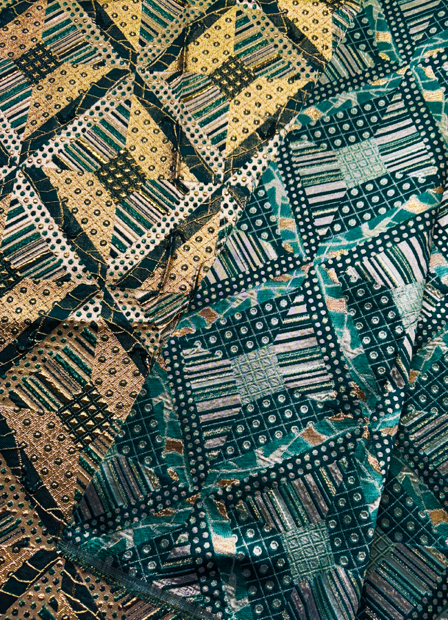 African Bazin Brocade Lace Fabric | Green, Gold and Ivory Cream