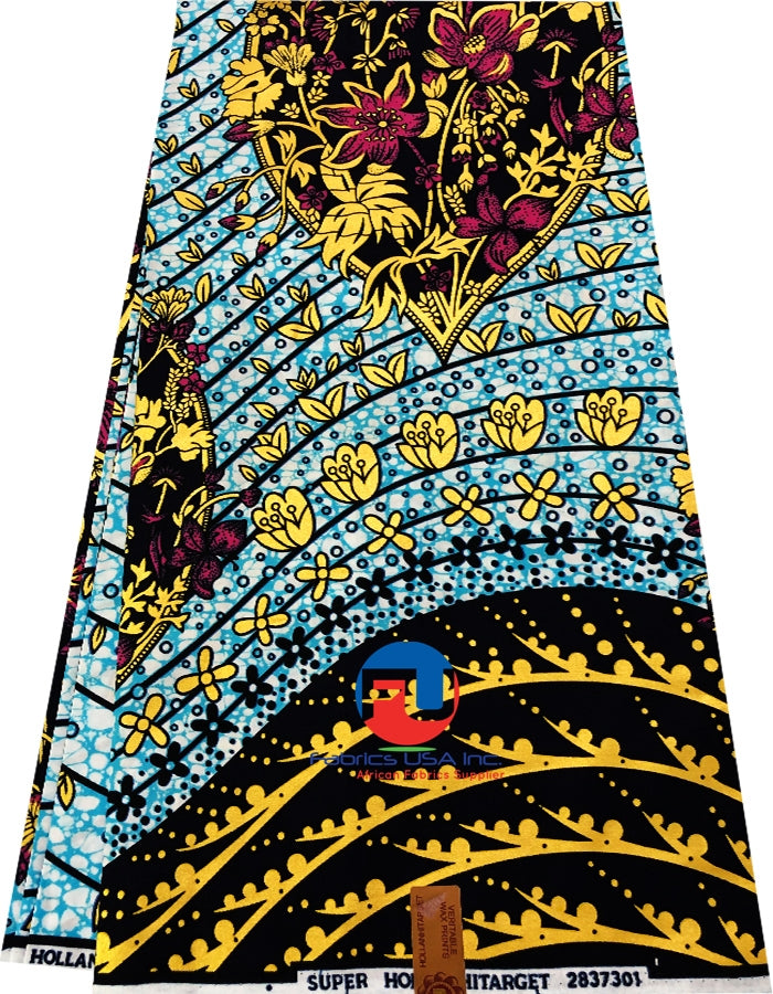 A piece of multicolored african fabric featuring gold, pink, yellow, white, black, and turquoise patterns, marked as 'Super Metallic Gold, Pink, Yellow, White, Black, Turquoise'.