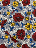 African Floral Wax Print Fabric - Red, Yellow, White, Blue