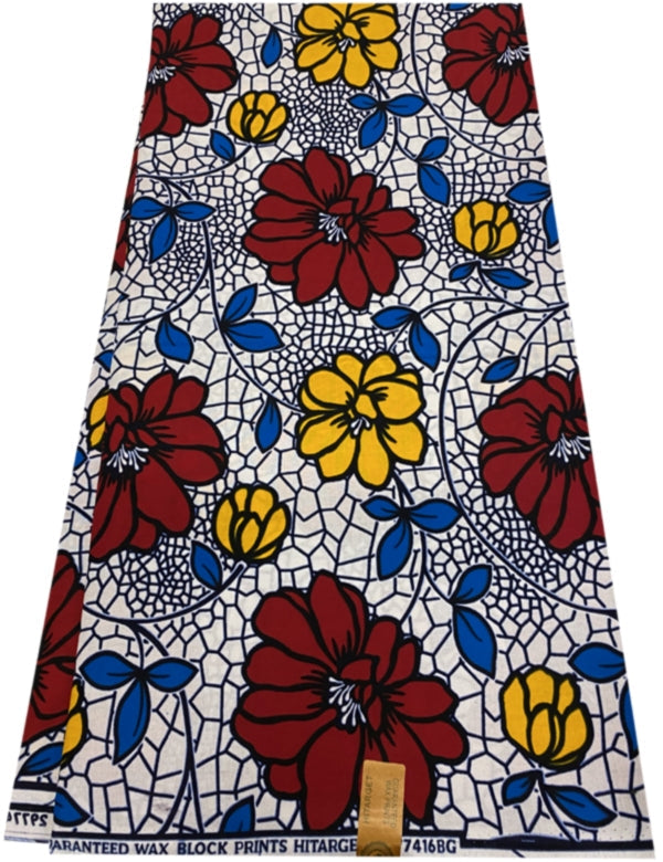 A yard of African floral wax print fabric featuring a geometric pattern with red, yellow, white, and blue colors on a white background.