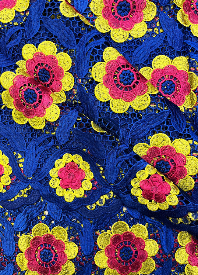 African Guipure Lace Fabric - Royal Blue, Pink & Yellow