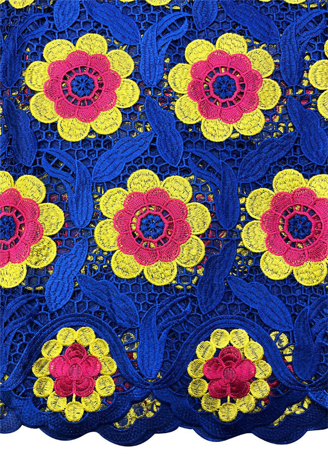 African Guipure Lace Fabric - Royal Blue, Pink & Yellow