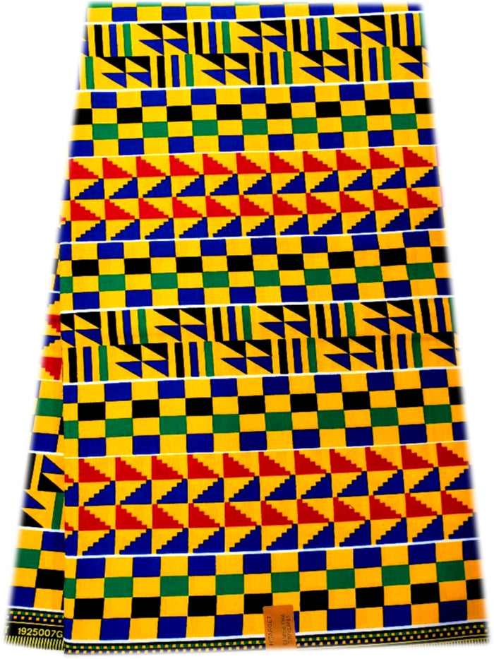 African Kente Print Fabric - Yellow, Green, White, Blue