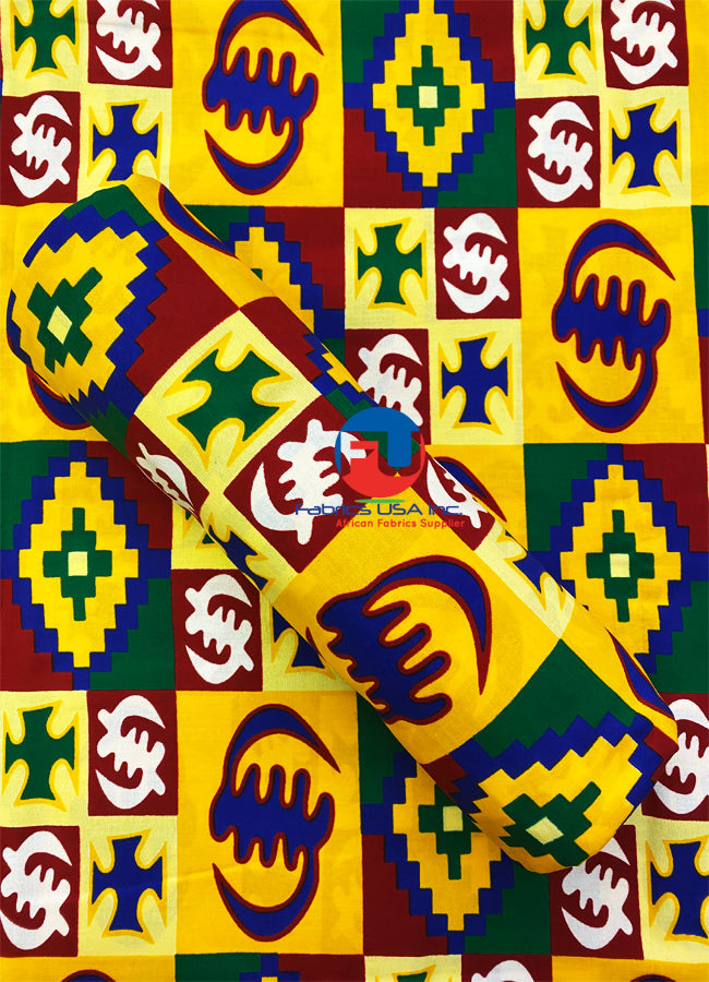 African Kente Print Fabric Blue, Red, Green, White, Yellow