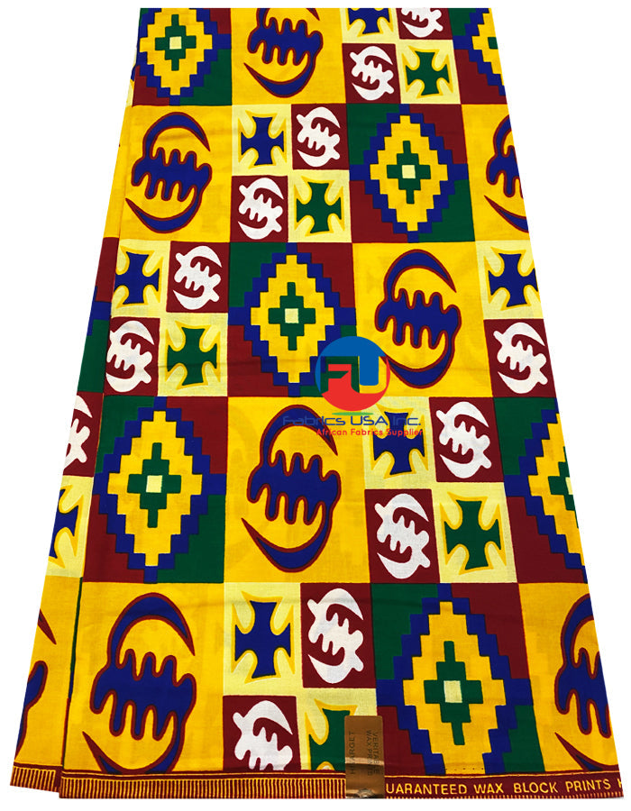 A vibrant African Kente fabric featuring geometric patterns in blue, red, green, white, and yellow colors on a yellow background.