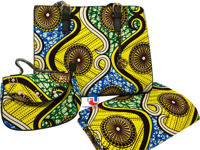 African Print Fabric & Bags - Yellow, Brown, Blue, Green,