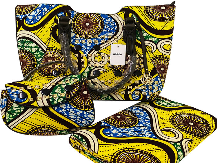 African Print Fabric & Bags; Yellow, Blue, Burgundy, Cream