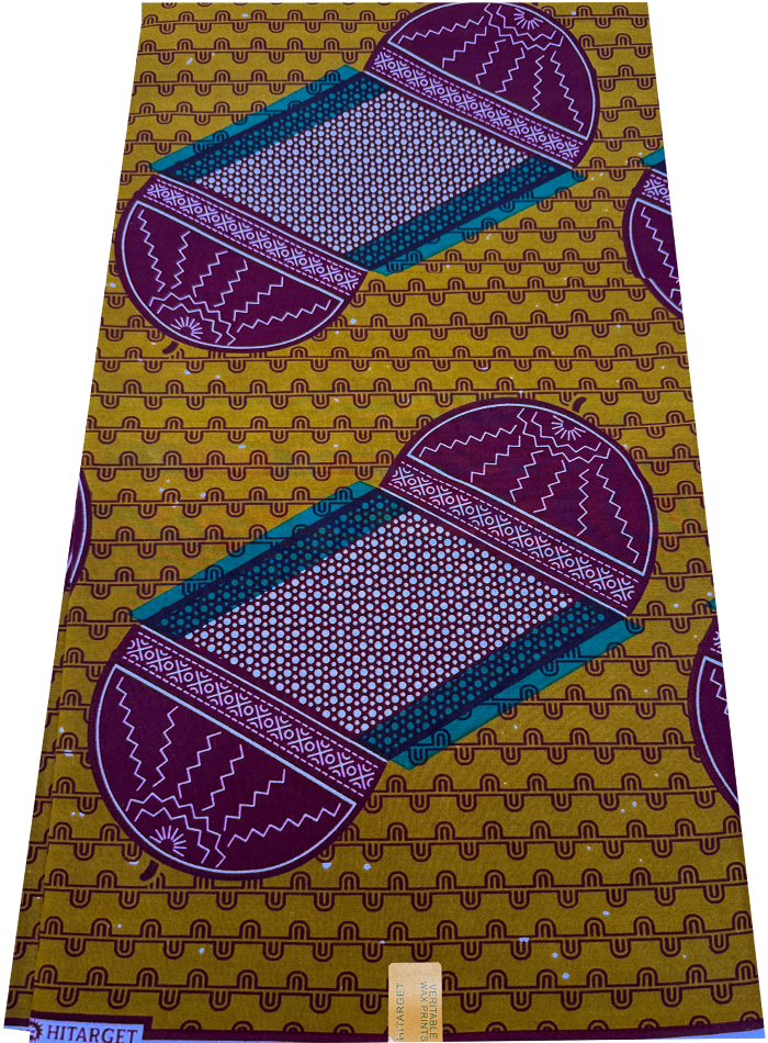 African print fabric with geometric pattern on a yellow background