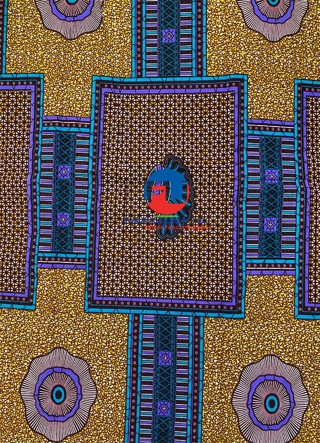 A close-up view of a fabric with an Ankara print featuring geometric shapes in burn-orange, purple, blue, white, and black colors.
