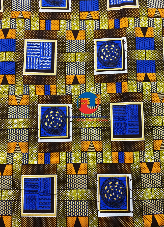 African Wax Metallic Gold Print Fabric - Gold, Orange, Purple Blue, Mustard, White, Dark Brown