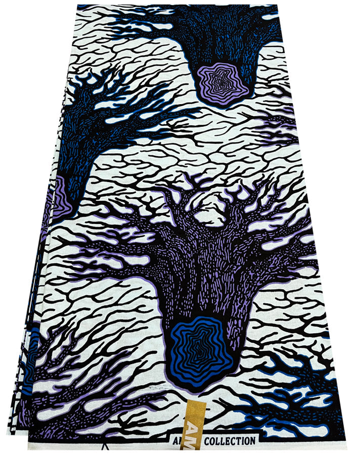 African wax print fabric featuring a geometric pattern in purple, royal blue, black, and white colors on a 6-yard piece.