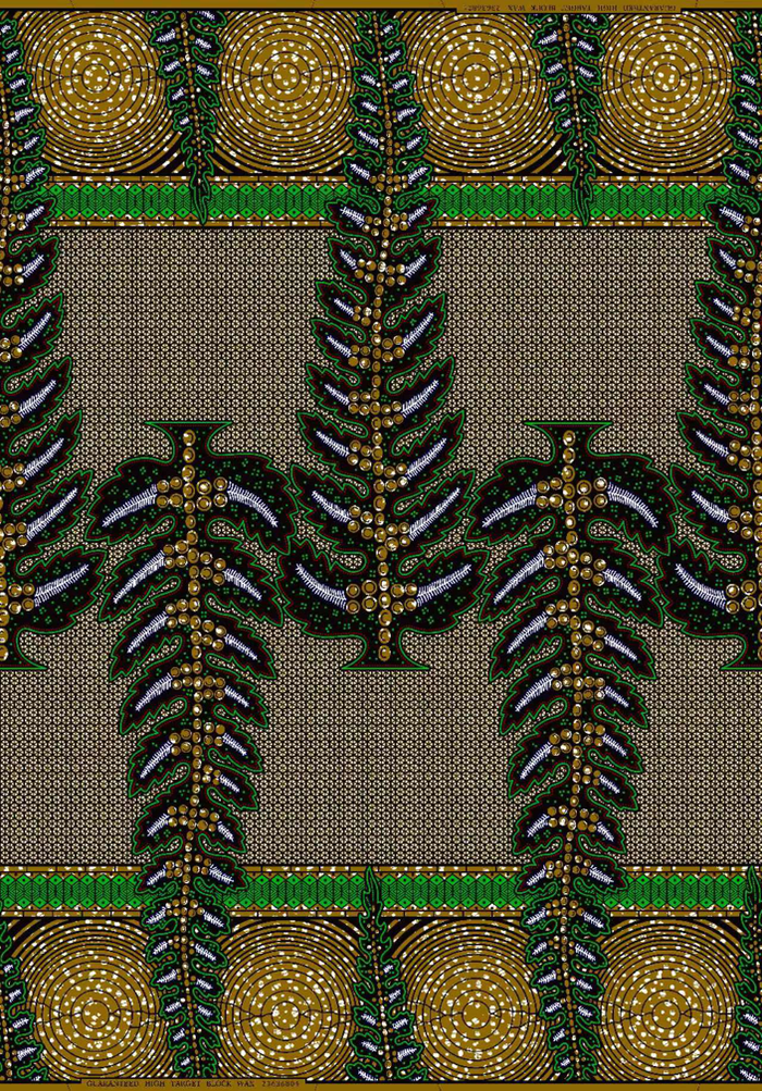 A piece of fabric with a geometric pattern featuring a combination of apple green, brown, red, white, dark blue, and black colors.