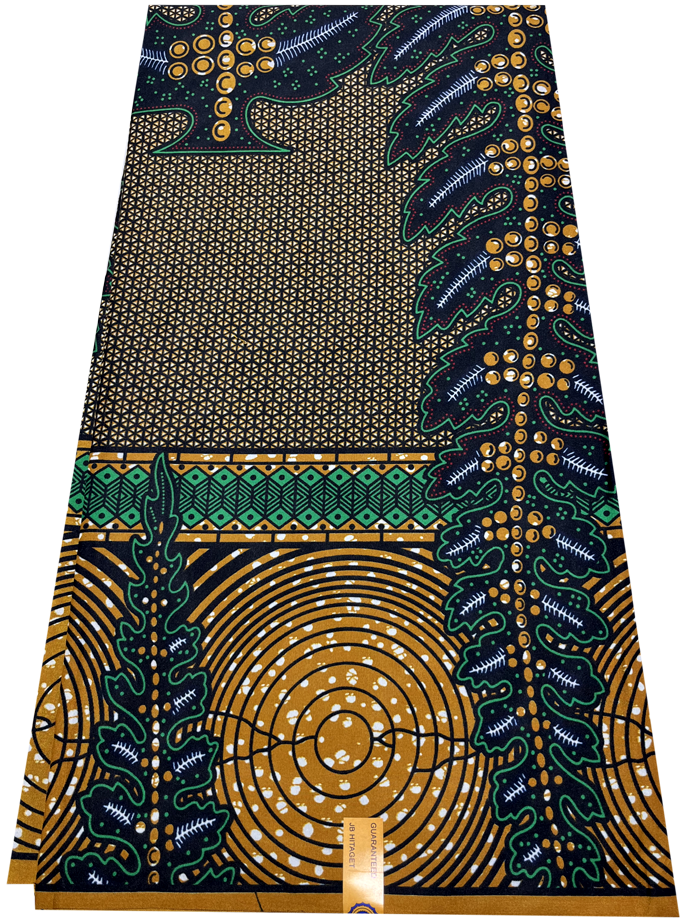 A piece of cotton wax print fabric featuring geometric patterns in apple-green, brown, red, white, dark-blue, and black colors.