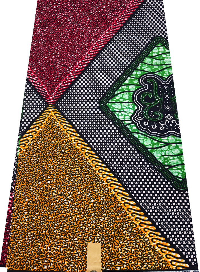 Colorful african fabric with geometric patterns in red, green, yellow, and black on a white background