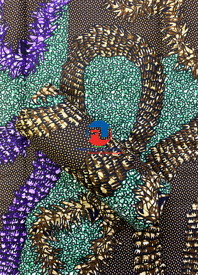 African Wax Print Fabric - Purple, Green, Black and White