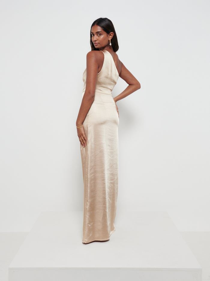 Sachi Is 5’7” & Wears Size UK 8|Amelia Ruched Maxi Bridesmaid Dress - Matte Bronze