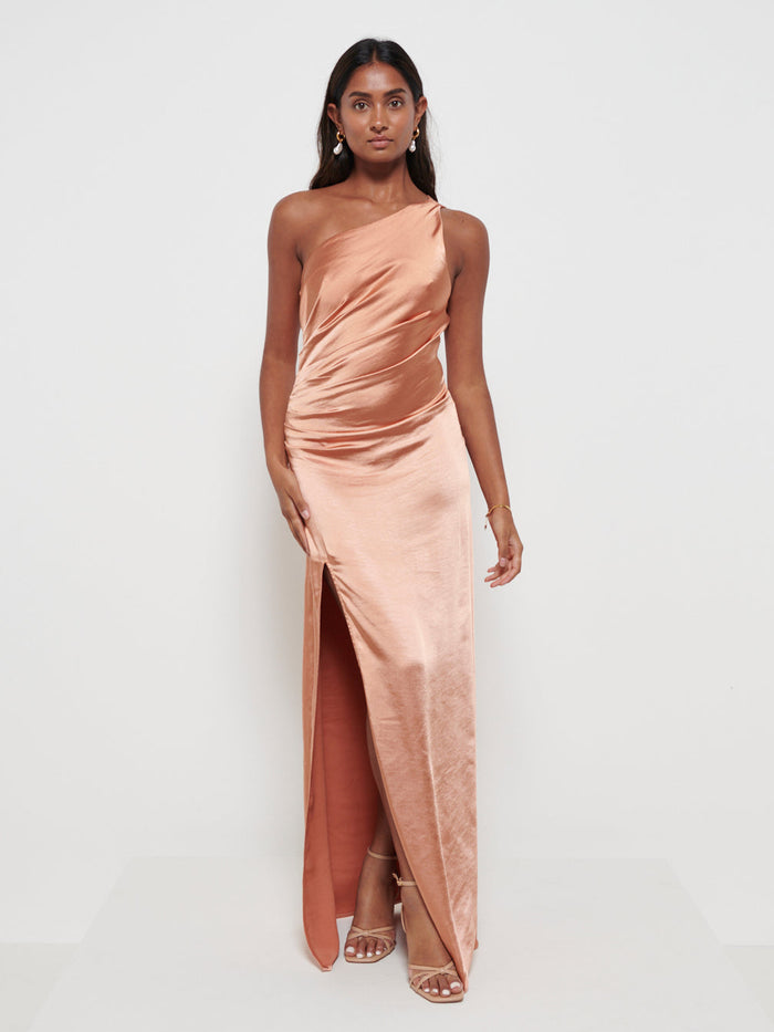 Sachi Is 5’7” & Wears Size UK 8|Amelia Ruched Maxi Bridesmaid Dress - Matte Cinnamon