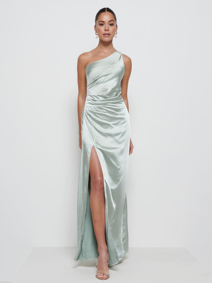 Elissa Is 5'8.5" & Wears Size UK 8|Amelia Ruched Maxi Bridesmaid Dress - Matte Sage