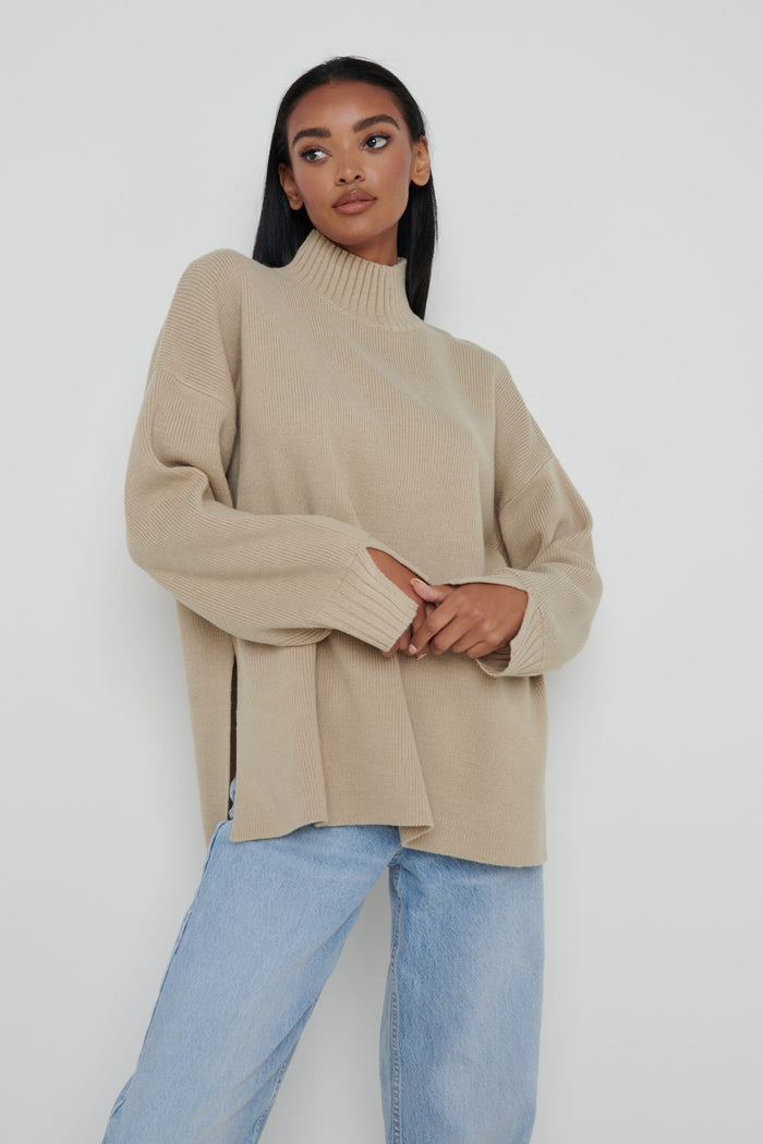 Elissa Is 5'8.5" & Wears Size UK S|Amory Grown Neck Knit Jumper - Beige