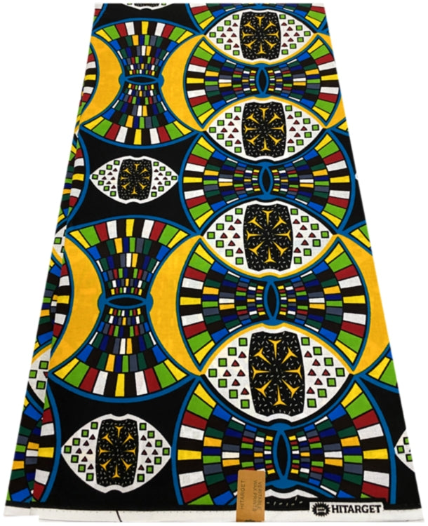 A multicolored Ankara wax print fabric with geometric patterns.