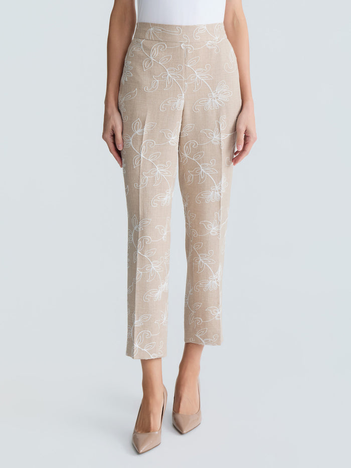 Plus Audrey Pull-On Straight Ankle Pants, Embroidered, Straw Melange/White | Kasper