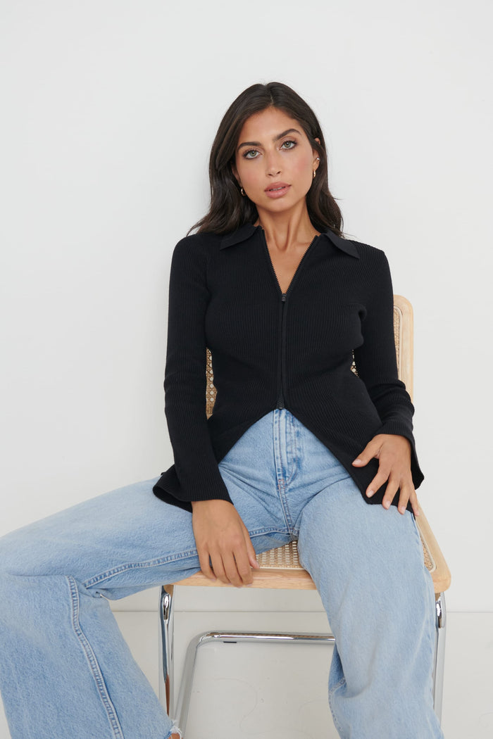 Lygia Is 5'9" & Wears Size UK S|Avery Zip Knit Collared Top - Black