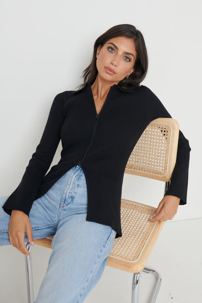 Lygia Is 5'9" & Wears Size UK S|Avery Zip Knit Collared Top - Black