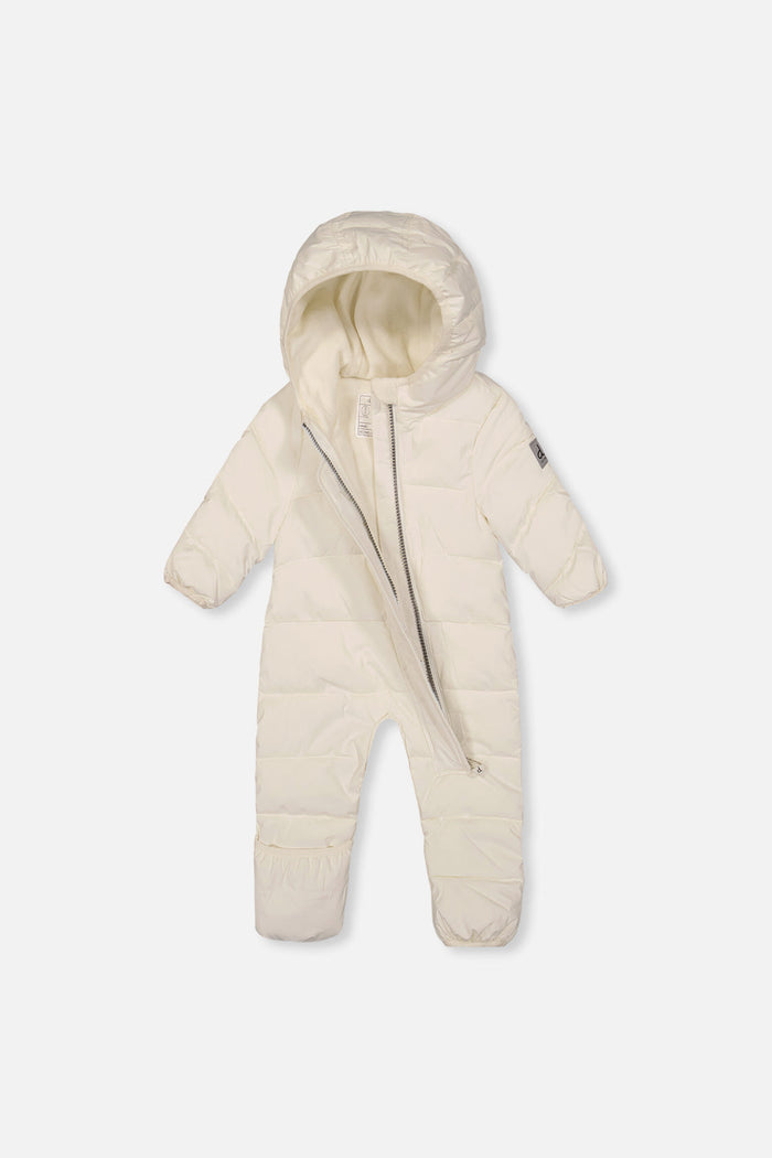 Off-white Baby Cloud snowsuit unzipped to show the fleece lining