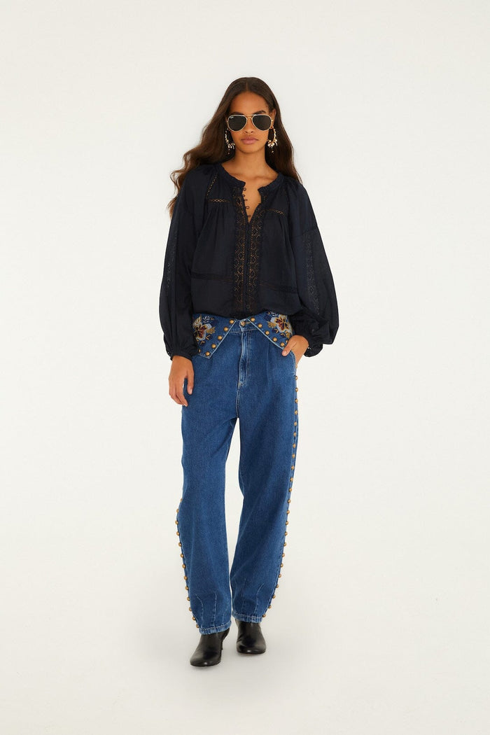FARM Rio model wearing the Balloon Gold And Blue Denim Pants