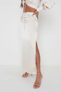 Sachi Is 5’7” & Wears Size UK 8|Bec Ruched Waist Midaxi Skirt - Oyster