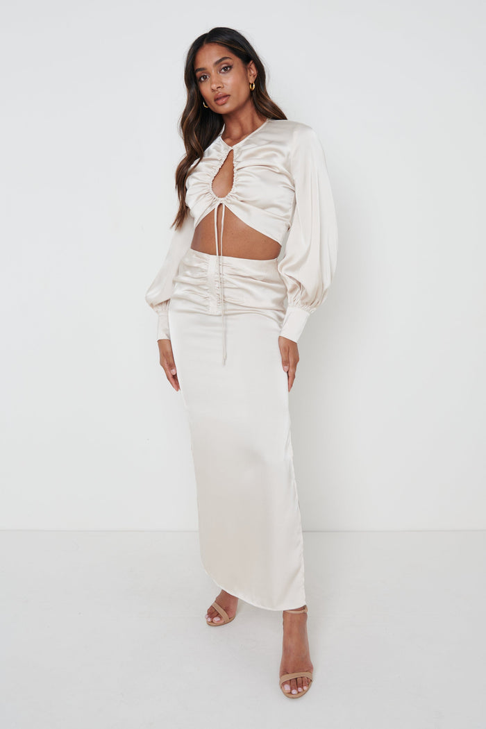 Sachi Is 5’7” & Wears Size UK 8|Bec Ruched Waist Midaxi Skirt - Oyster