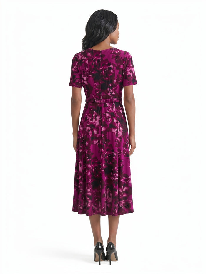 Belted Fit-and-Flare Dress, Everyday Knit, Cerise Multi | Kasper