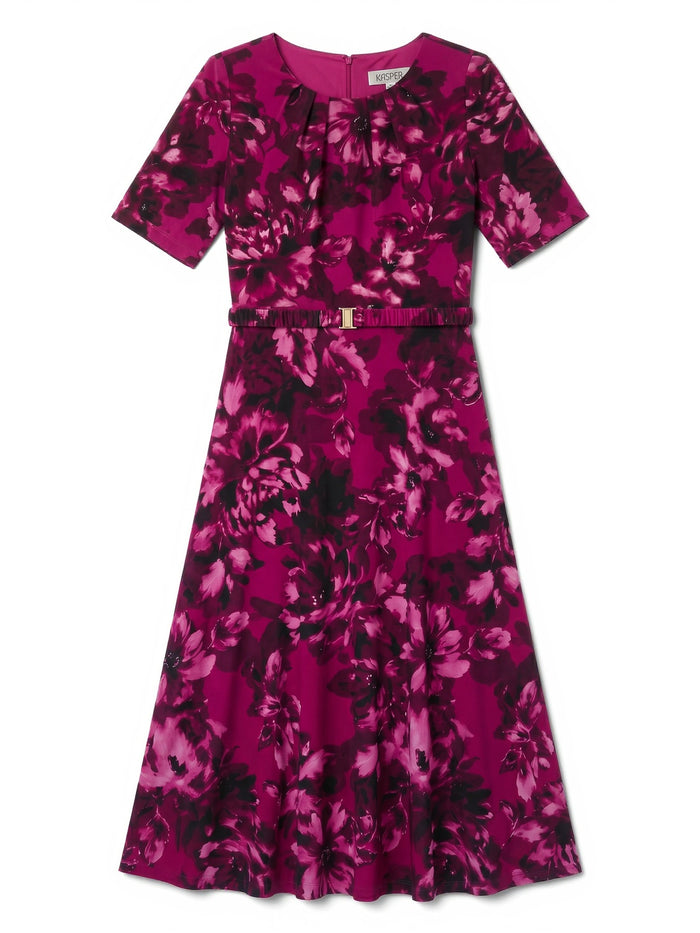 Belted Fit-and-Flare Dress, Everyday Knit, Cerise Multi | Kasper