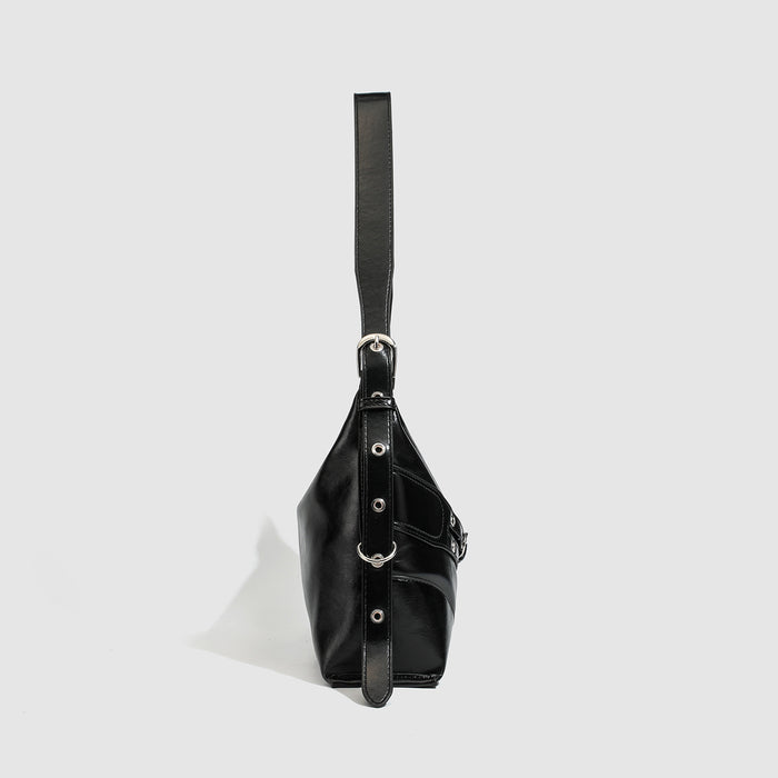 Black Buckle Strap Shoulder Bag - Street