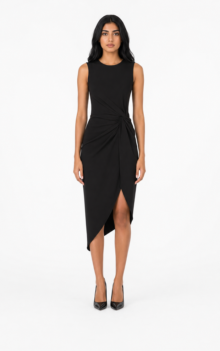 Black Ruched Asymmetric Midi Dress – Vera