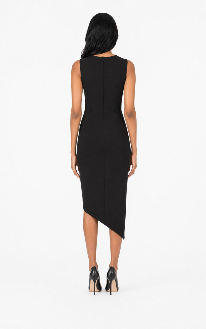 Black Ruched Asymmetric Midi Dress – Vera
