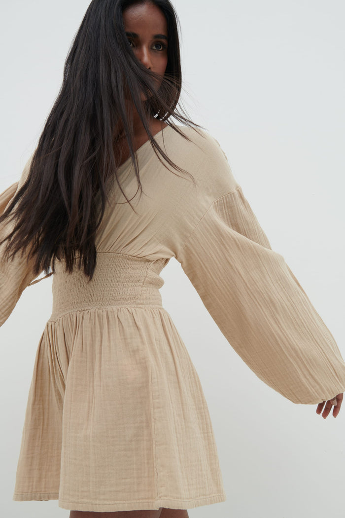Nisha Is 5'7" & Wears Size UK 8|Blake Shirred Playsuit - Beige