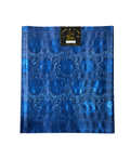 A blue head tie with a floral pattern displayed against a plain background.