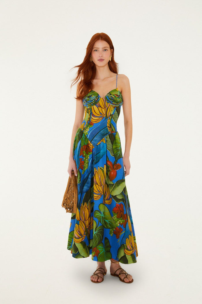 FARM Rio model wearing the Blue Banana Grapes 3d Bodice Sleeveless Maxi Dress