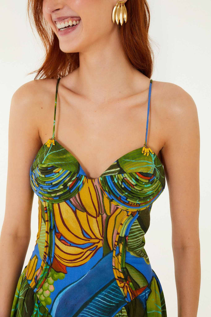 FARM Rio model wearing the Blue Banana Grapes 3d Bodice Sleeveless Maxi Dress