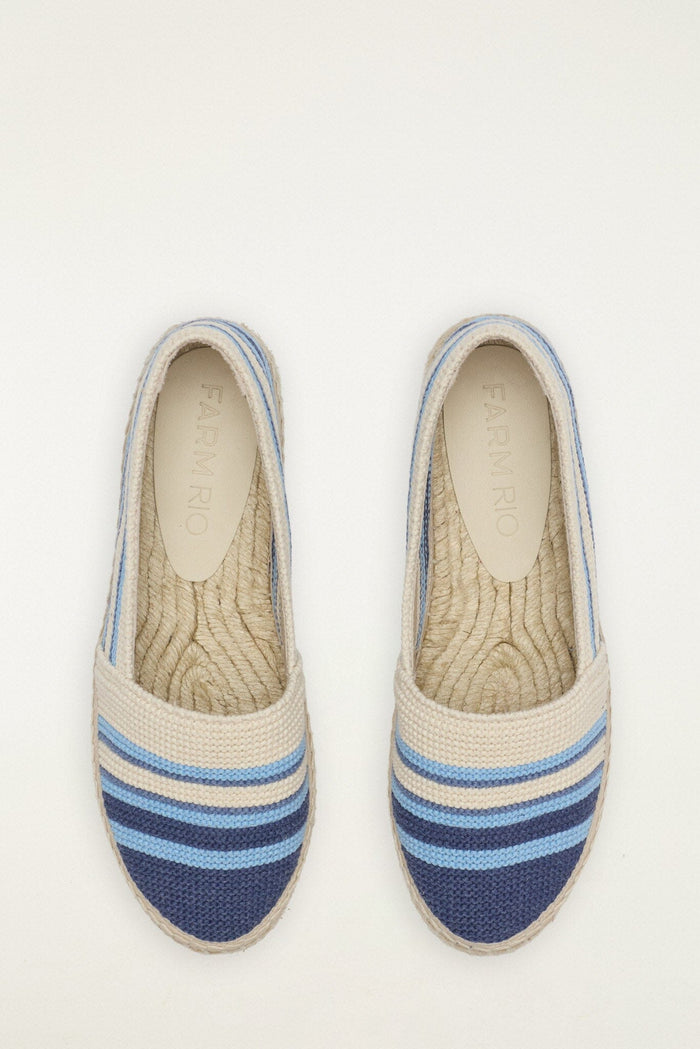 FARM Rio model wearing the Blue Crochet Farm Rio Espadrille Loafer
