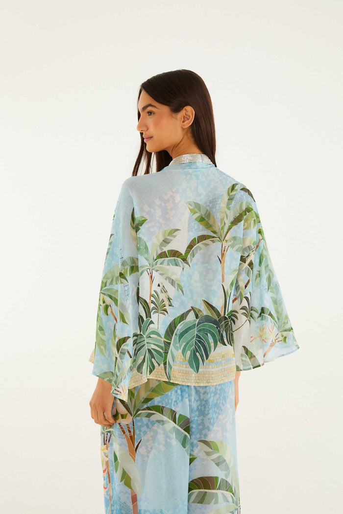 Blue Embroidered Open Front Kimono